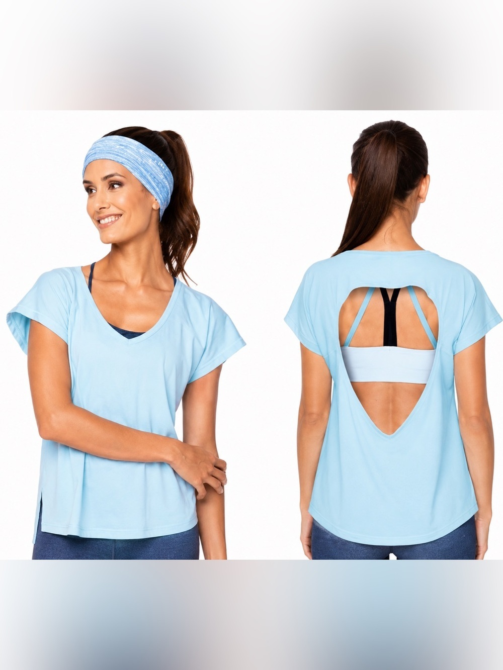 Varley Yoga Kerry Tee Sky Blue Open Back Cutout Short Sleeve Top Size 1X